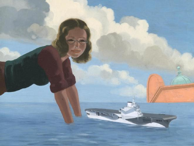 painting of a young woman leaning into a large tank of water with the model of an aircraft carrier next to her