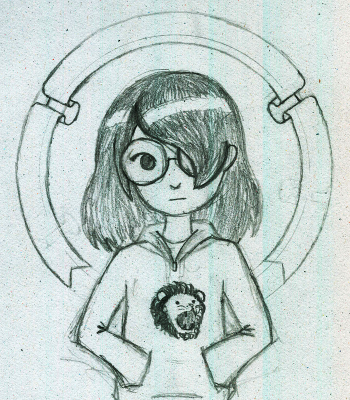 pencil sketch of girl with bangs covering one eye