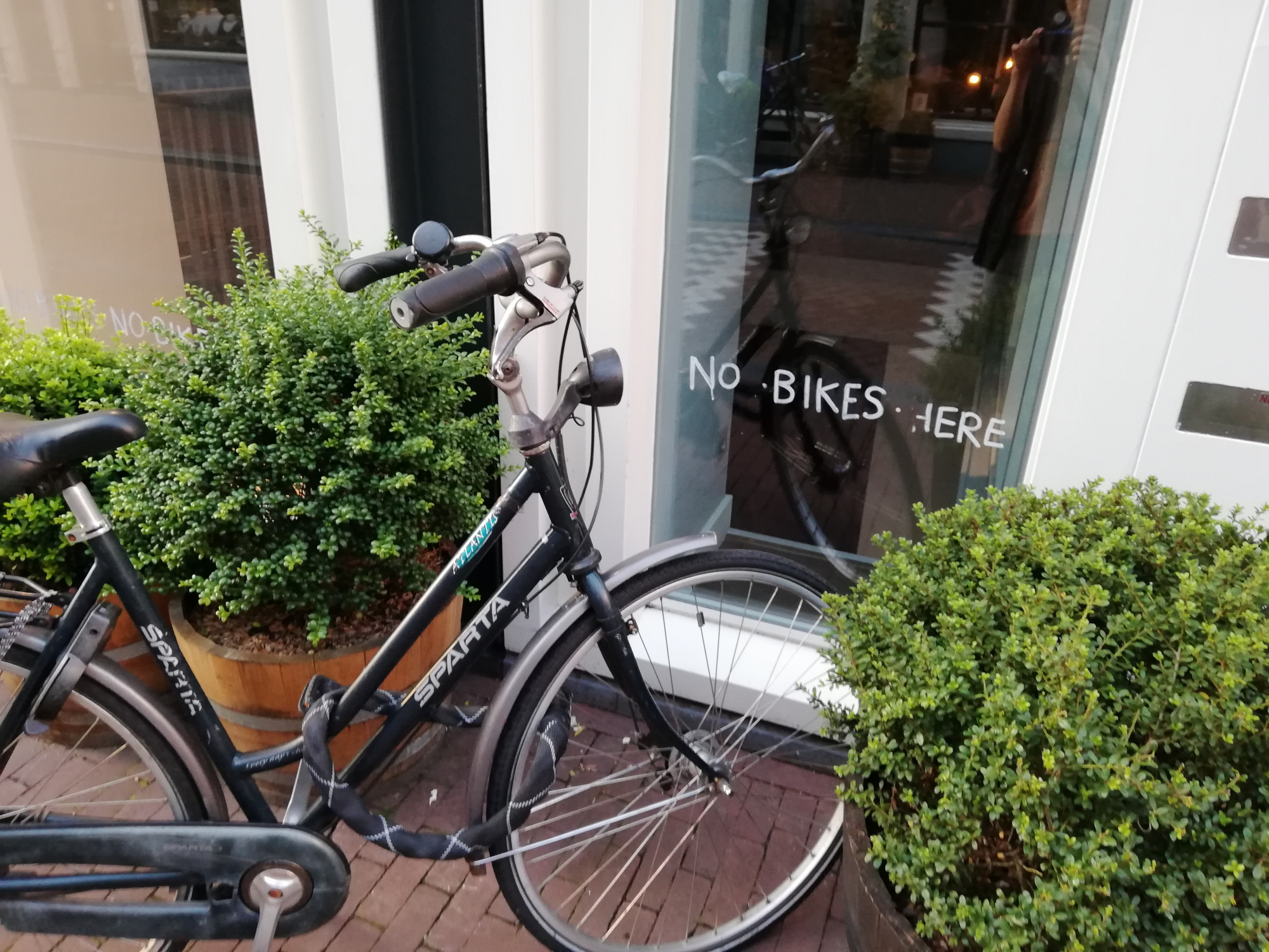 bicycle parked in front of window