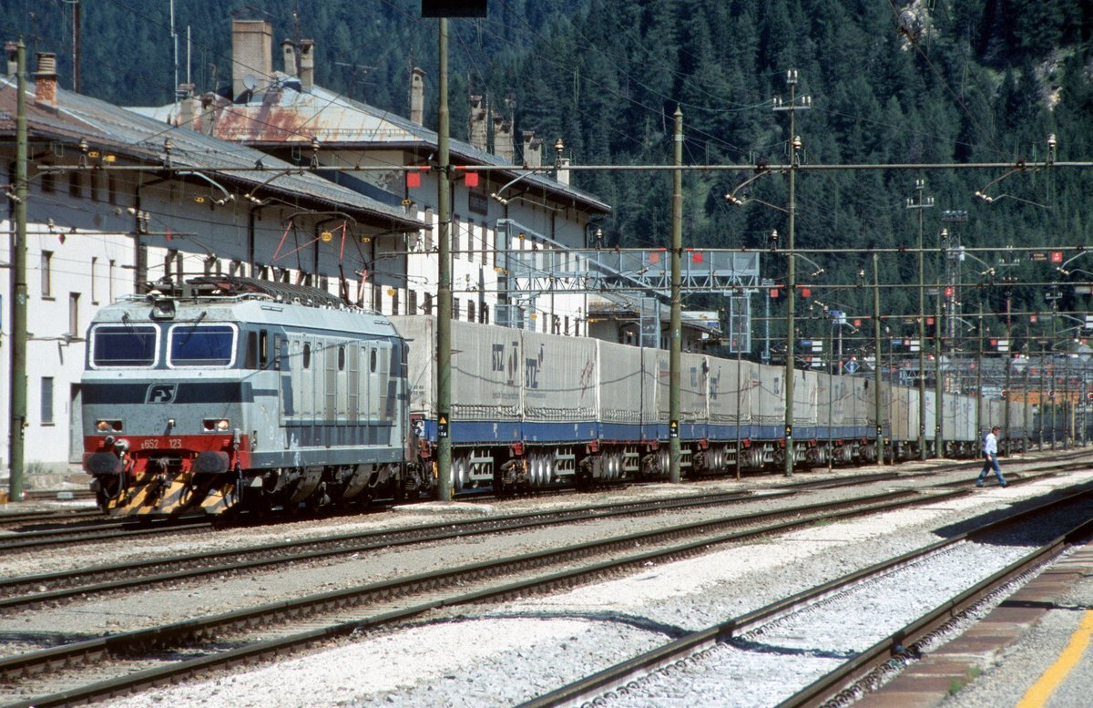a train consisting entirely of semi-trailers in a mountainous area